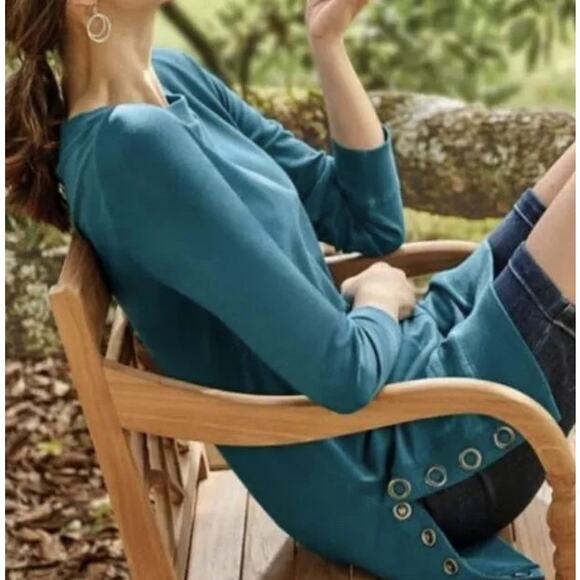 Soft Surroundings Make It Snappy Pullover Sweatshirt Sweater Oversized S Teal - Picture 1 of 12